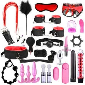 BDSM Sexy Leather Kits Adults Sex Toy Set for Women Men Handcuffs Nipple Clamps Whip Spanking Sex Metal Anal Plug Vibrator Butt