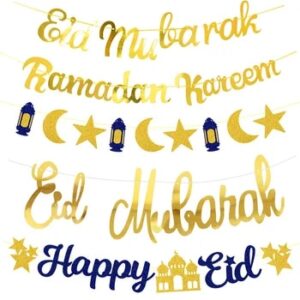 EID Mubarak Banner Glitter Star Moon Letter Paper Bunting Garland Islamic Muslim Party Ramadan Kareem Decorations for Home 2024