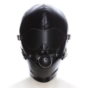 Fun binding headgear, leather mask with exposed eye plug, black sm binding mask.