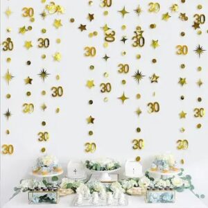 Gold 30th Happy Birthday Party Paper Banners Decorations Number 30 Year Old Circle Dots Twinkle Star Garlands Hanging Backdrops