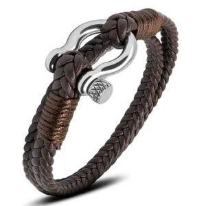 Kirykle Nautical Bracelets for Men Multilayer Leather Bracelets with Stainless Steel Anchor Shackle Handmade Ideal Gift for Dad