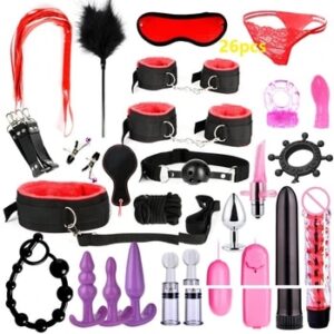 SexLove Set Kits Adults Sex Toys for Women Men Handcuffs Nipple Clamps Whip Spanking Sex Metal Anal Plug Vibrator Butt