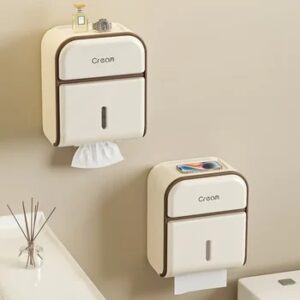 Wall-Mounted Waterproof Toilet Paper Holder & Tissue Dispenser No Drill Needed Tissue Box Space-Saving Bathroom Storage for Roll