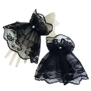 Women Black Lace Wrist Cuffs Bracelets Wedding Rhinestone Bow Fingerless Gloves